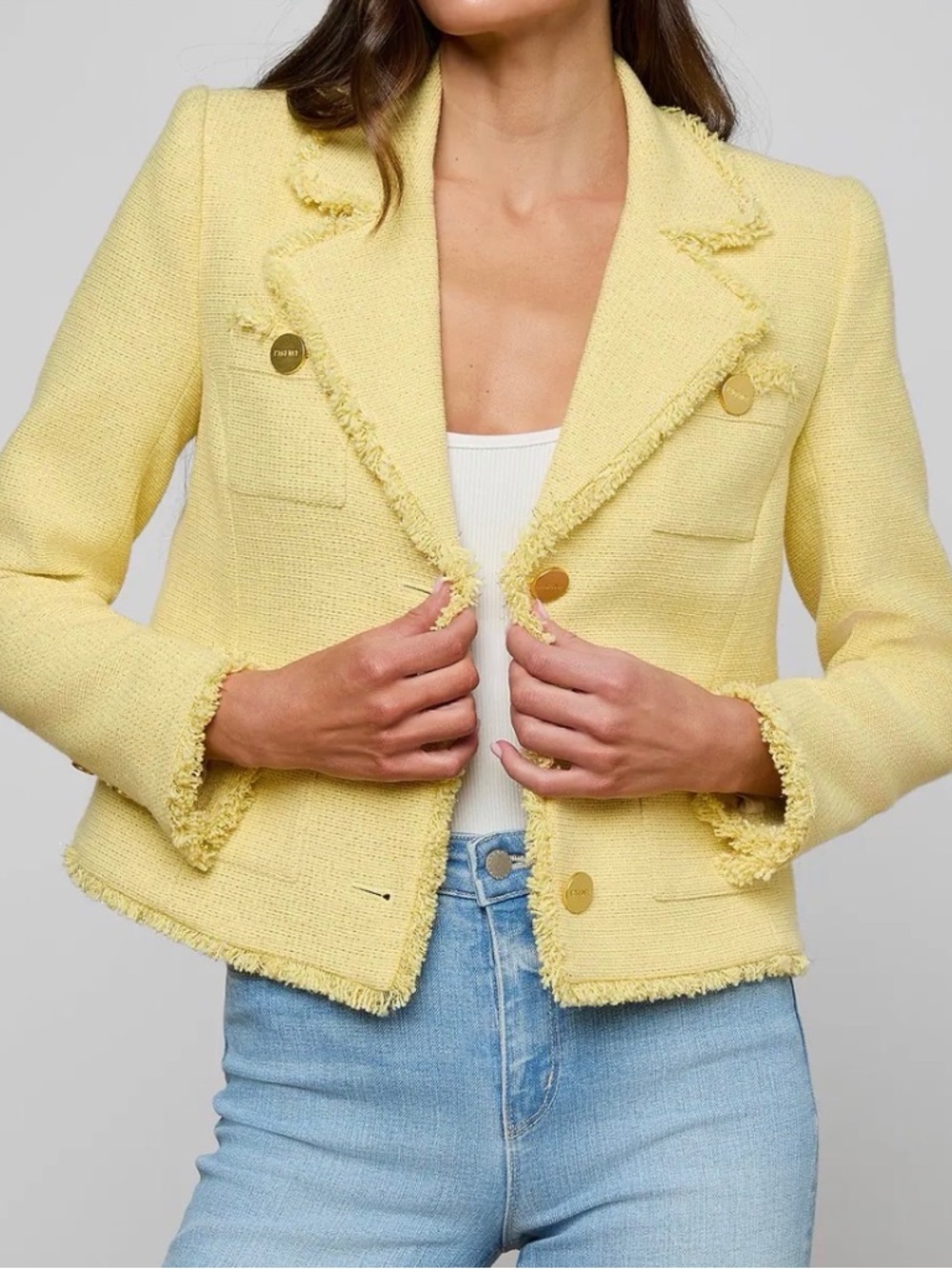 L'AGENCE Yellow Frayed Tweed Blazer